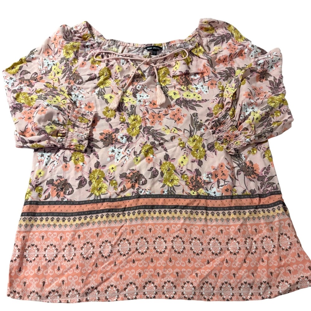 Unique Spectrum Pink Floral Boho Tassel Tie Blouse Top Large Rayon Smocked Cuff